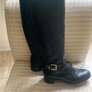 Black Leather Knee-High Boots Pebbled Leather Gold Buckle + Zipper Size